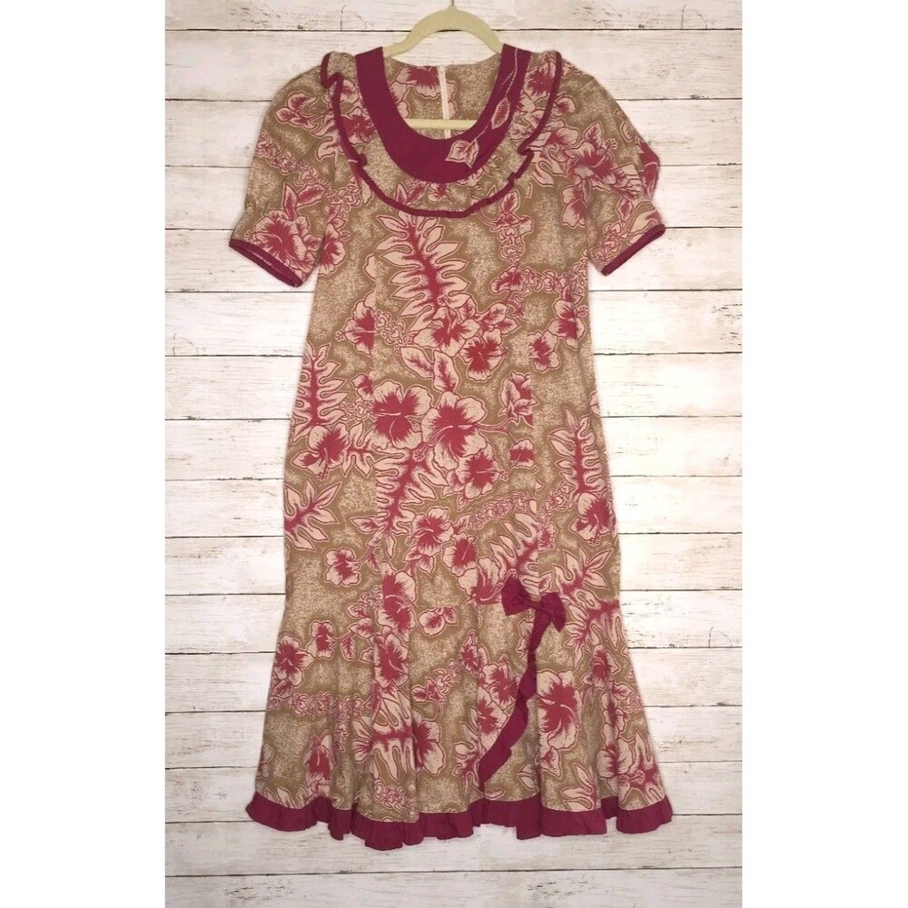 Made in Hawaii Dress Medium 34" Mumu Hawaiian Floral Print Vintage Red Khaki